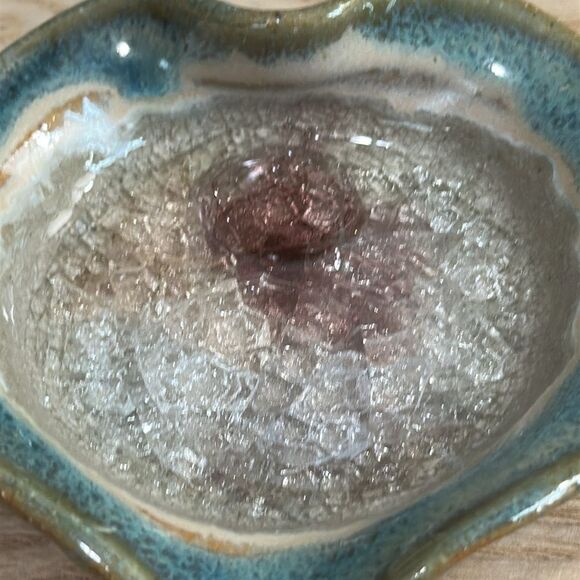 Stoneware Crackle Glass Pottery Catch All Vintage Trinket Jewelry Ring Dish - Picture 3 of 17